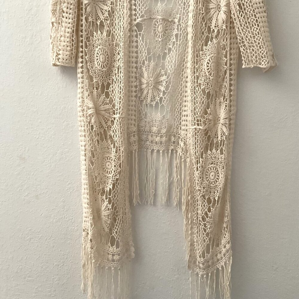CATO CROCHET FLORAL  LACE FRINGE BOHO OPEN FRONT CARDIGAN - Picture 6 of 16